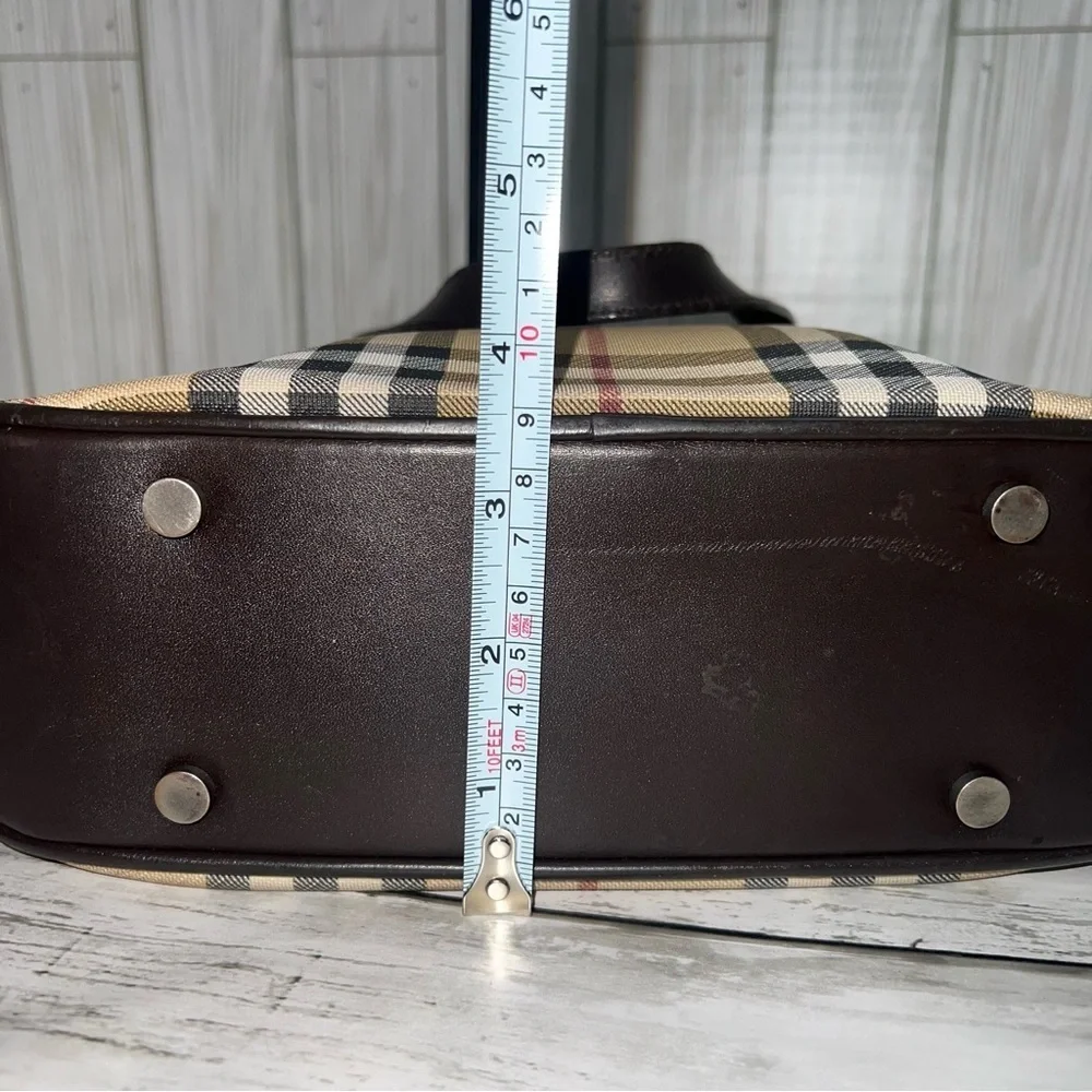 Burberry Vintage Nova Check Tote Bag Brown Leather Trim Plaid Shoulder Handbag